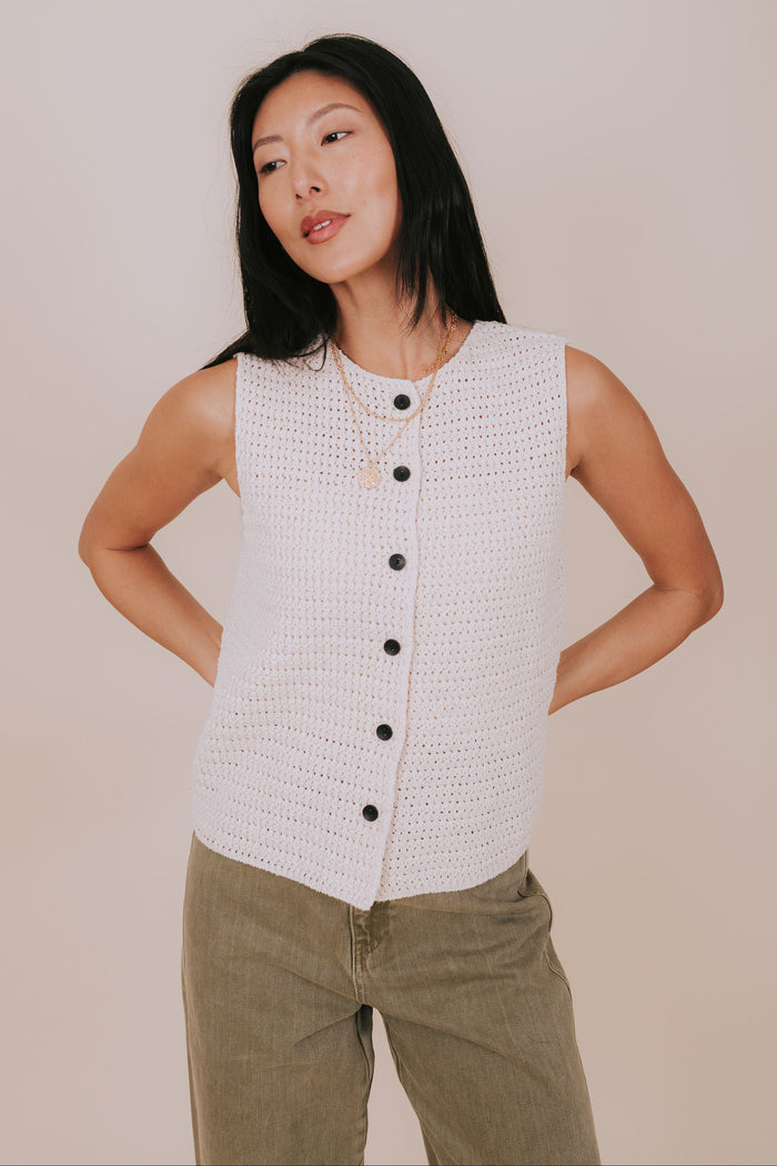 ecru open knit button down vest front