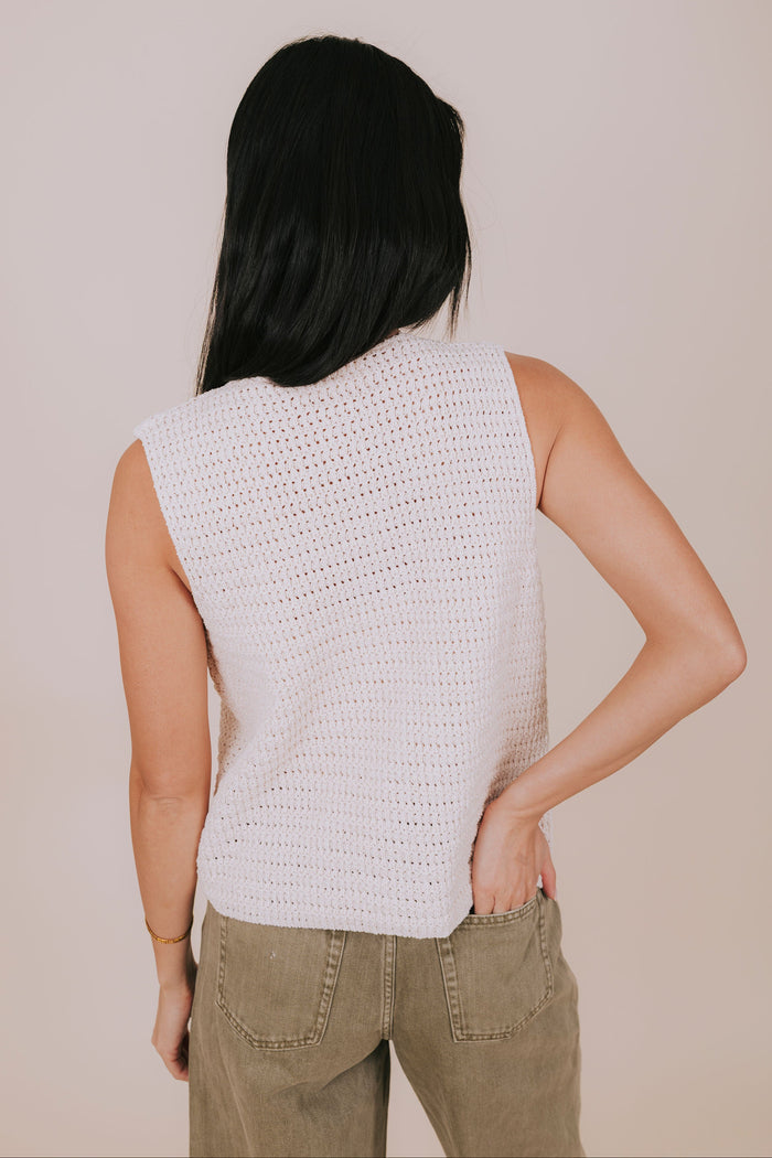 ecru open knit button down vest back