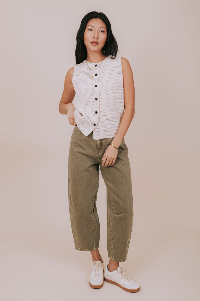 ecru open knit button down vest full