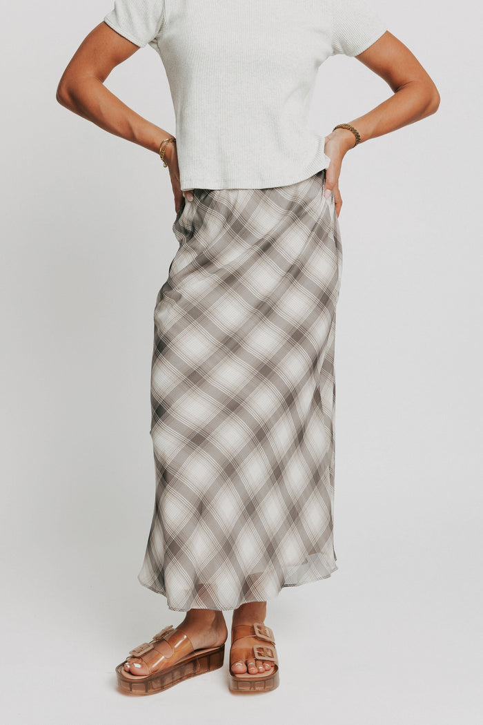 plaid maxi skirt with sheer overlay