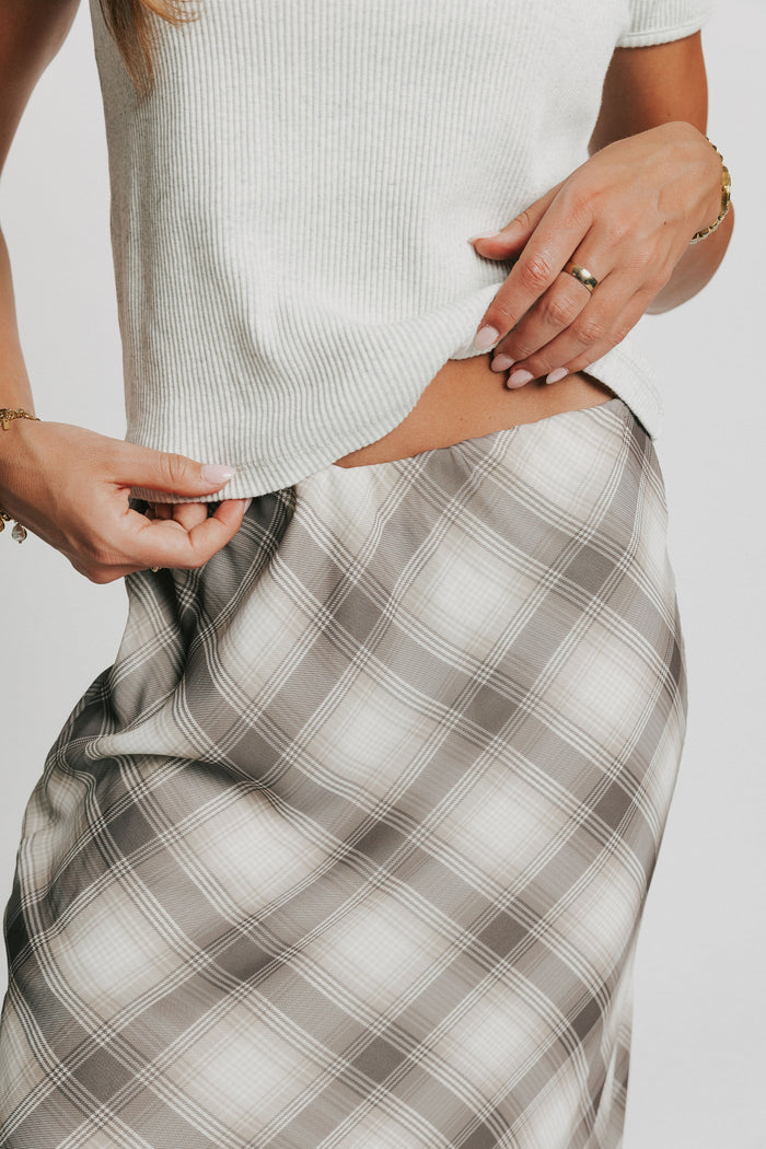 plaid maxi skirt with sheer overlay close