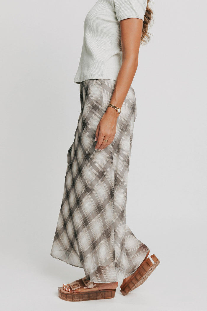 plaid maxi skirt with sheer overlay side