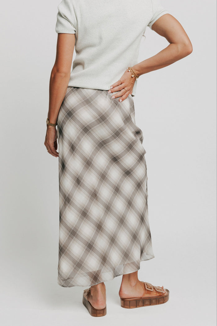 plaid maxi skirt with sheer overlay back