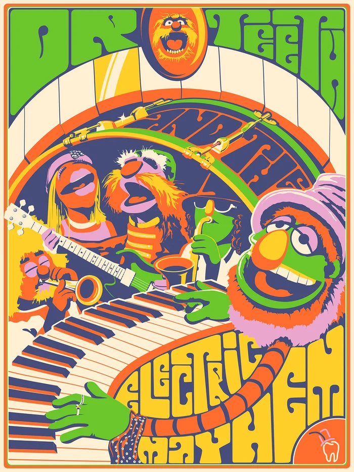 A colorful screen print of Dr. Teeth and the Electric Mayhem band on a yellow background, featuring various characters from the Muppets series.