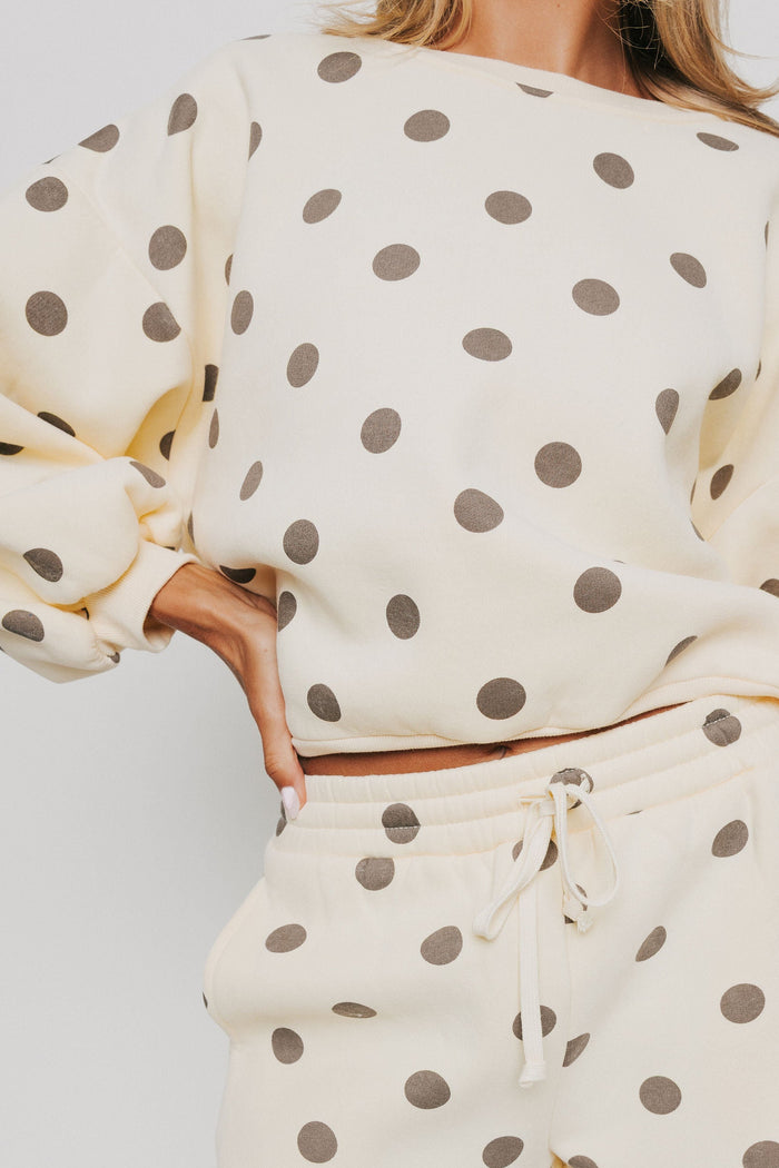 butter yellow with brown polka dots sweatshirt and short set front
