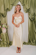 yellow satin sweetheart neckline maxi dress pose 2