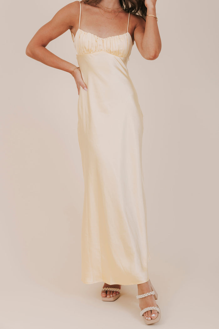 yellow satin sweetheart neckline maxi dress front