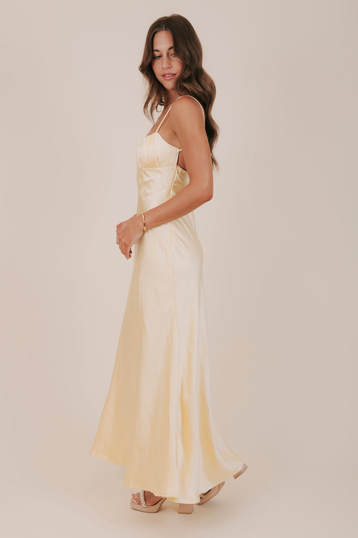 yellow satin sweetheart neckline maxi dress side