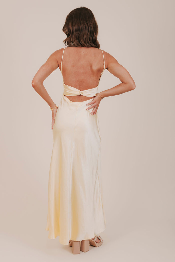 yellow satin sweetheart neckline maxi dress back