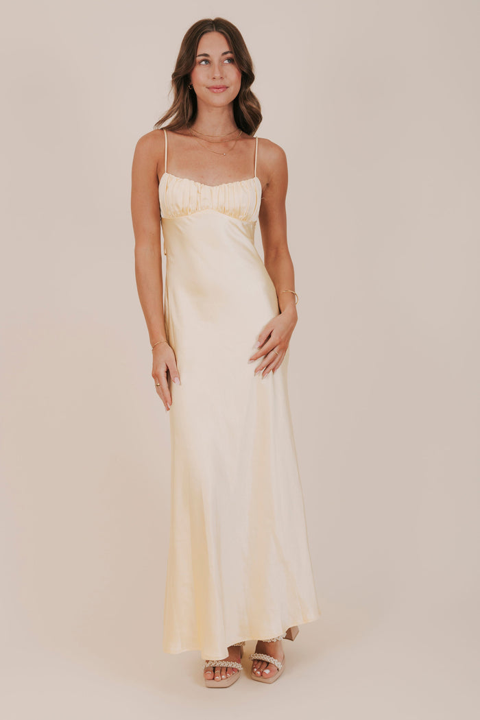 yellow satin sweetheart neckline maxi dress full
