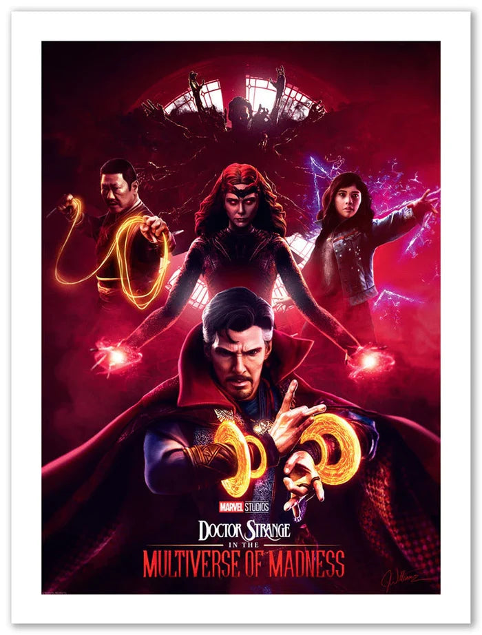 doctor strange stands in the foreground of this art piece using his powers, backed by the scarlett witch, America Chavez, wong, and sinister strange