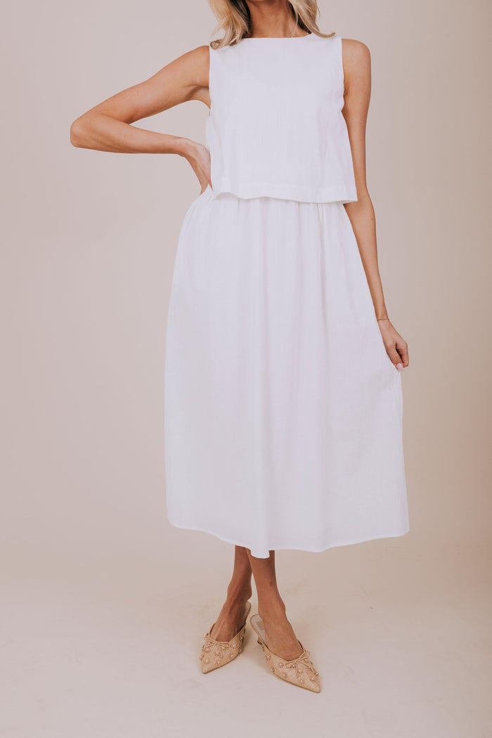 white linen midi dress front