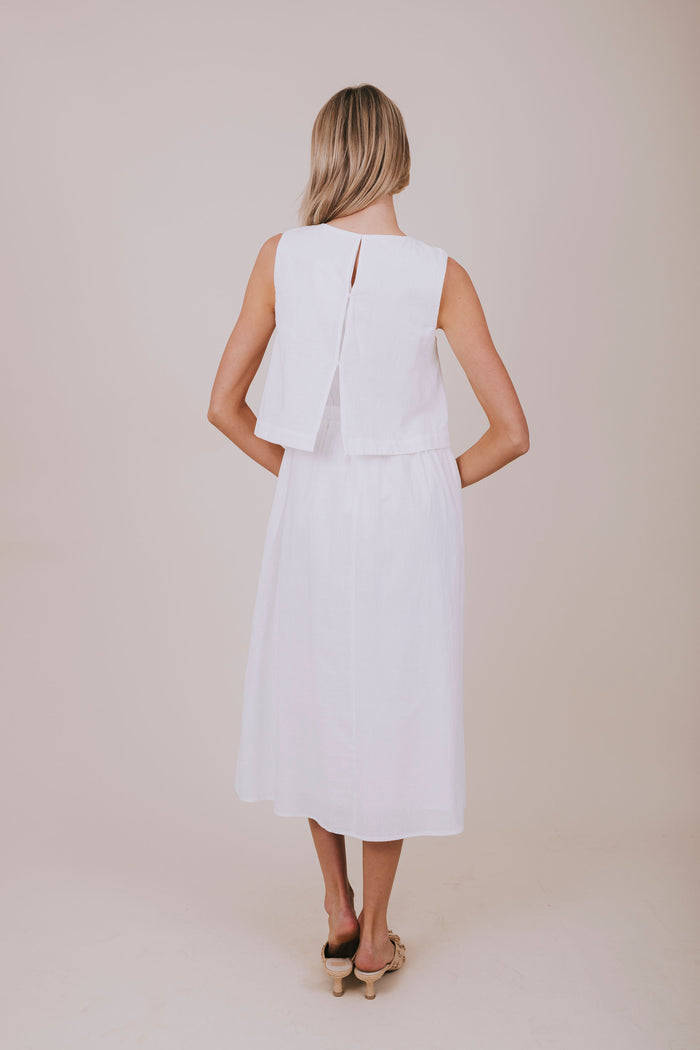 white linen midi dress back