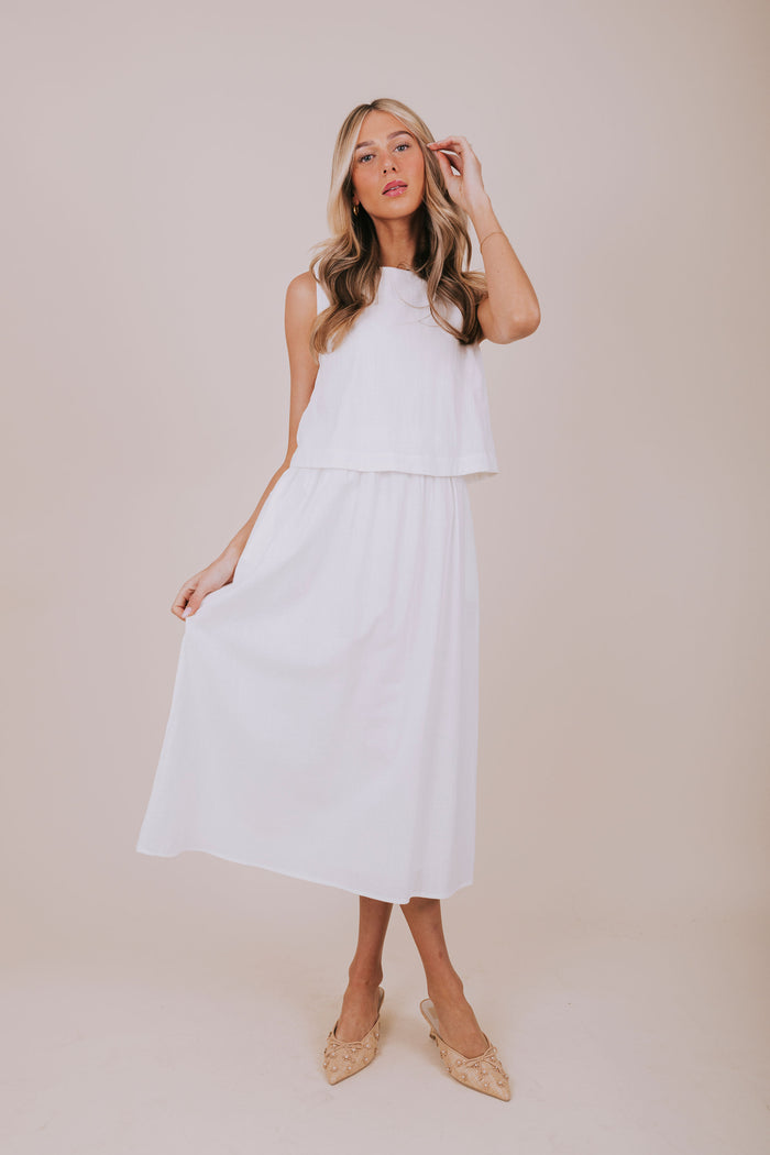 white linen midi dress lifestyle