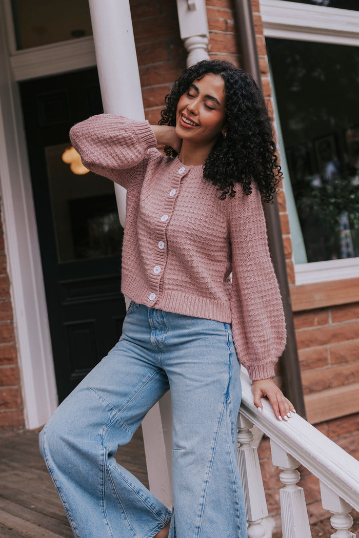 pink button front cardigan lifestyle