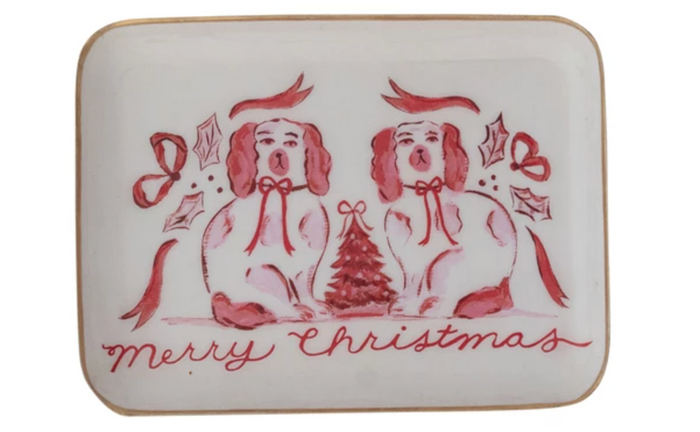 Christmas-themed decorative metal tray with two dogs and 'Merry Christmas' text on an ivory background with gold edge.