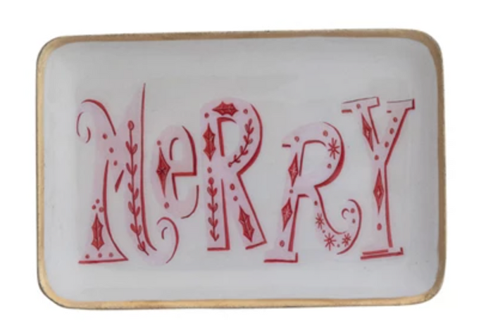 Decorative plate with 'Merry' text in red on a white background with a gold edge.