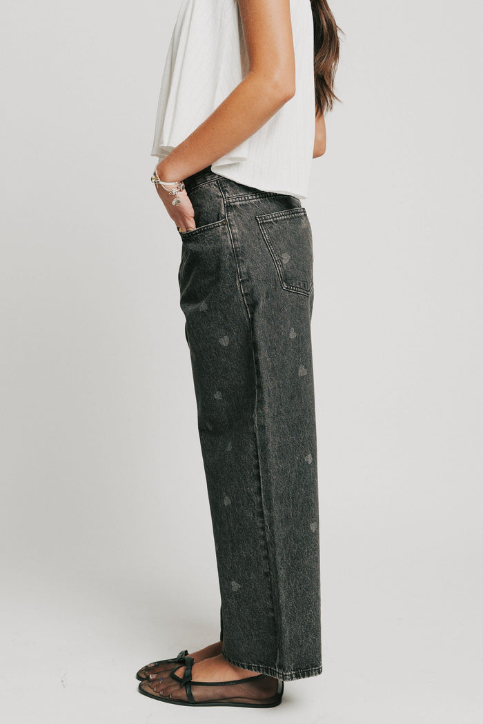 washed black barrel jeans with heart print side