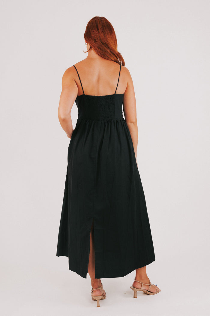black spaghetti strap maxi dress back full