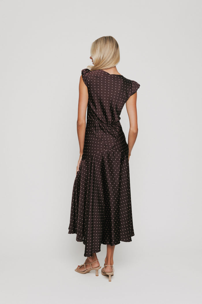 brown satin dress with pink polka dots and cap sleeves back