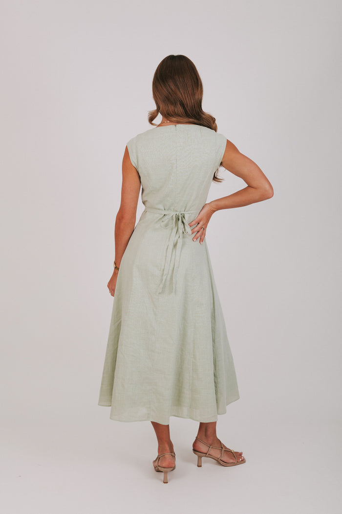gathered bust with keyhole midi dress green back