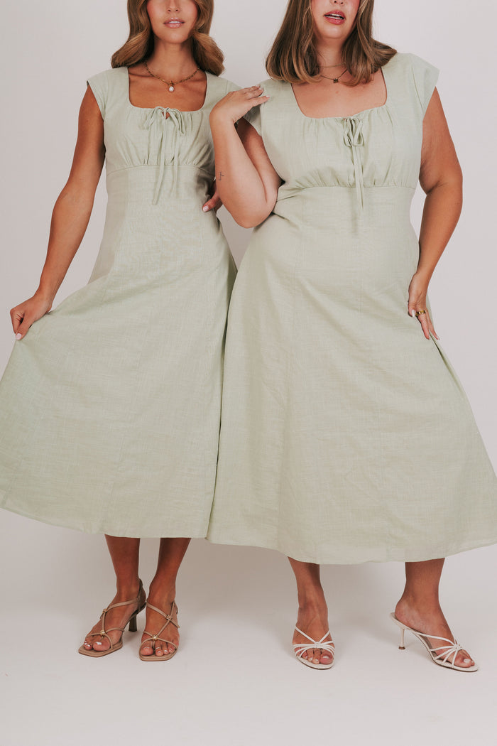 gathered bust with keyhole midi dress green models front