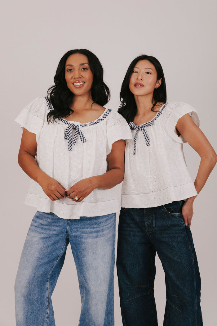 White eyelet blouse exclusive with gingham contrast