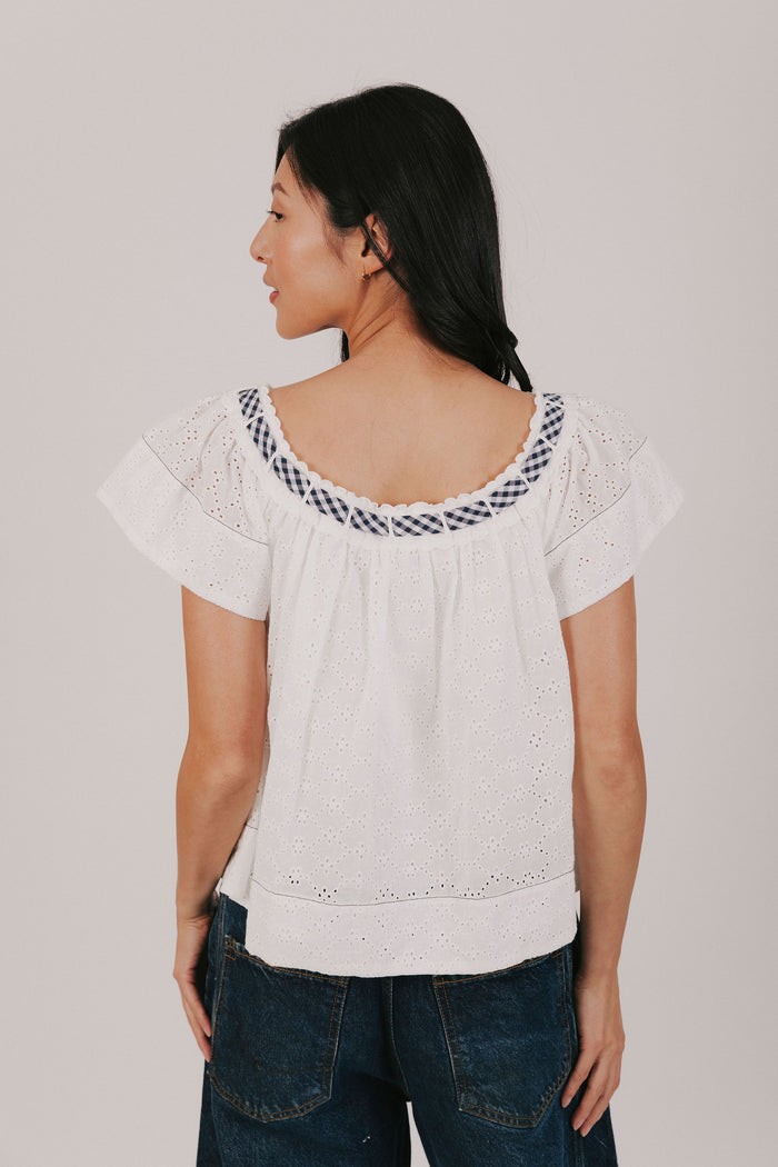 White eyelet blouse exclusive with gingham contrast