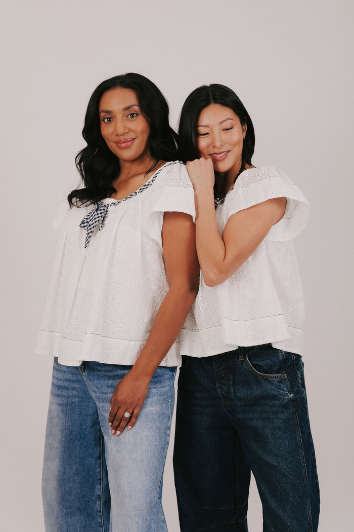 White eyelet blouse exclusive with gingham contrast