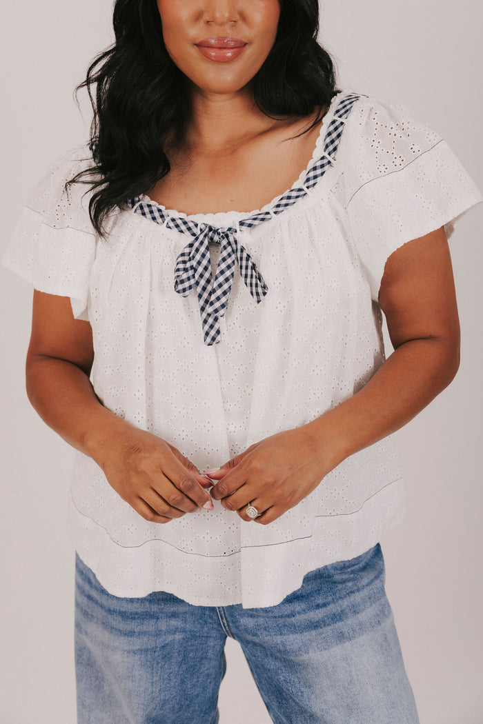 White eyelet blouse exclusive with gingham contrast