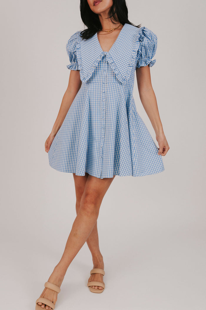 blue gingham mini ruffle elastic peter pan collar exclusive mini dress front