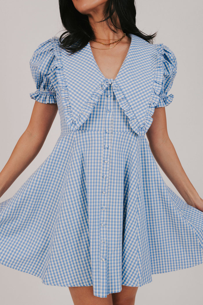 blue gingham mini ruffle elastic peter pan collar exclusive mini dress detail