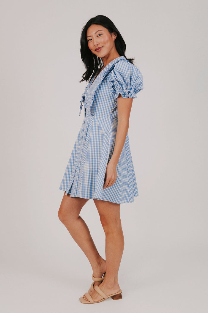 blue gingham mini ruffle elastic peter pan collar exclusive mini dress side