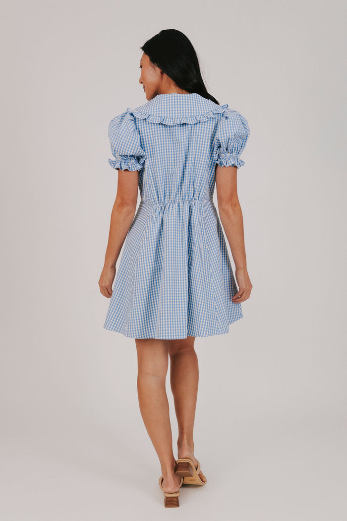 blue gingham mini ruffle elastic peter pan collar exclusive mini dress back