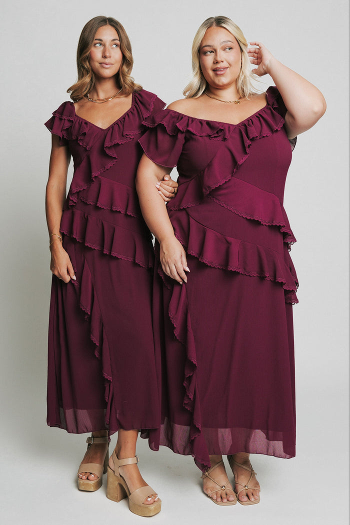burgundy maxi dress with tiered lace trim ruffles models full