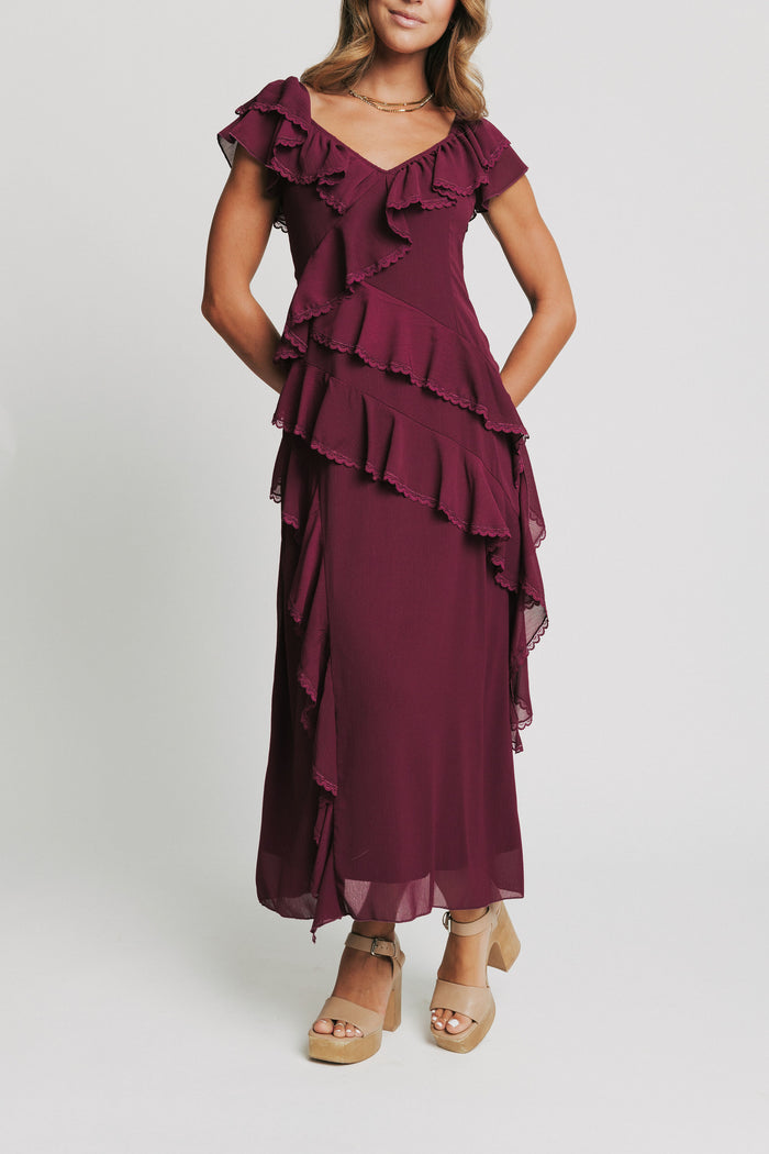 burgundy maxi dress with tiered lace trim ruffles