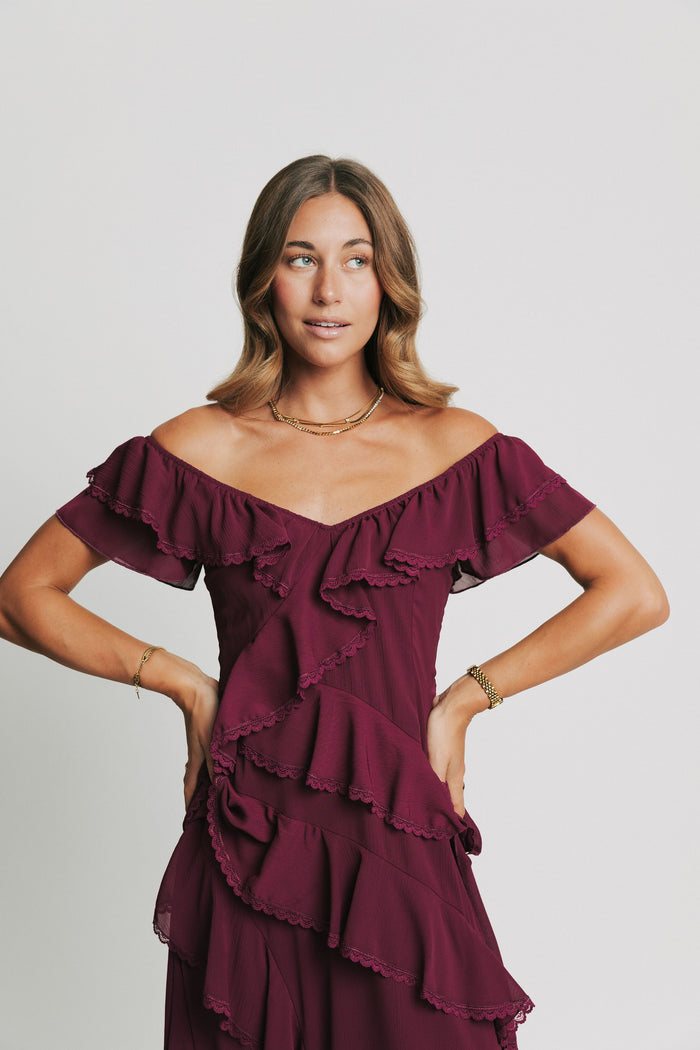 burgundy maxi dress with tiered lace trim ruffles close