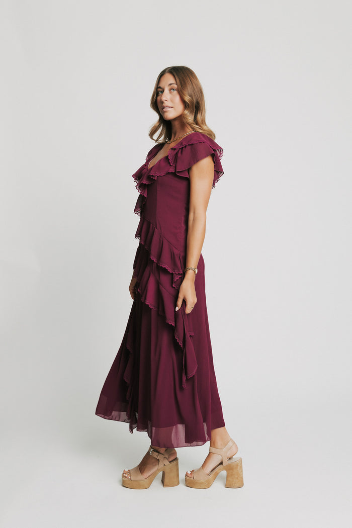 burgundy maxi dress with tiered lace trim ruffles side