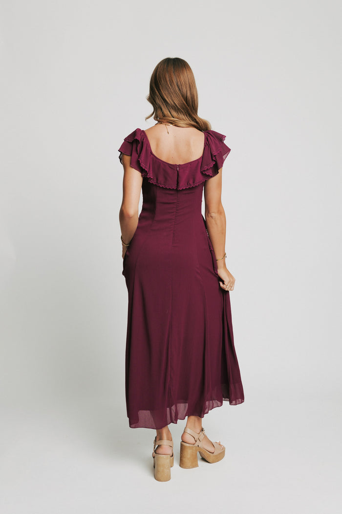 burgundy maxi dress with tiered lace trim ruffles back