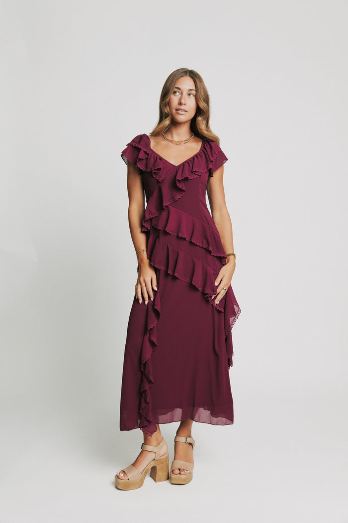 burgundy maxi dress with tiered lace trim ruffles front