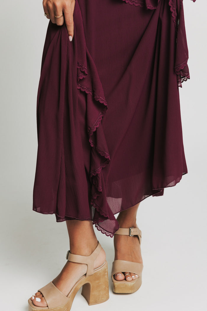 burgundy maxi dress with tiered lace trim ruffles hemline