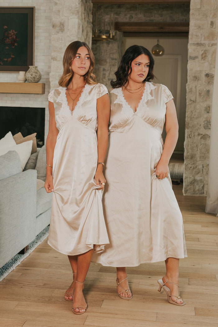 satin midi v neck dress with lace trim on neckline models