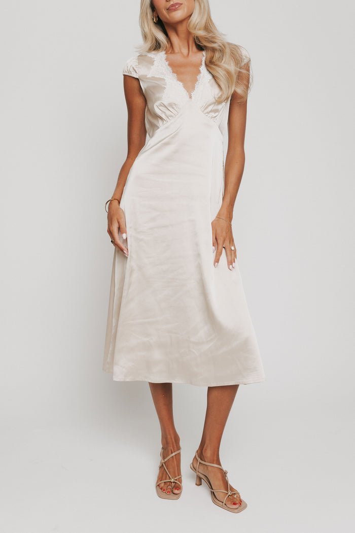 satin midi v neck dress with lace trim on neckline