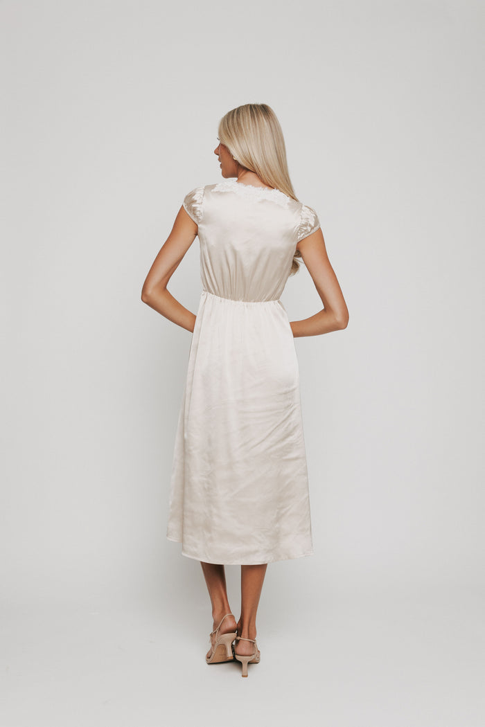 satin midi v neck dress with lace trim on neckline back