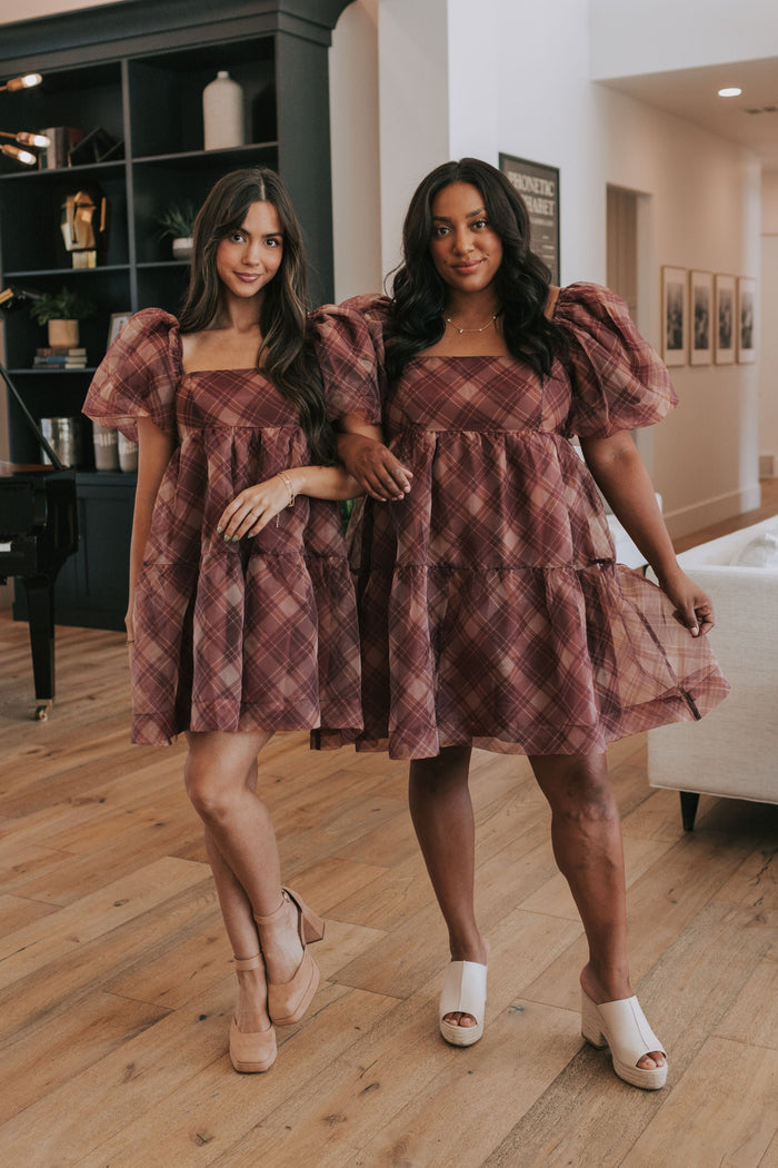 plaid burgundy babydoll dress with puff sleeves