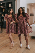 plaid burgundy babydoll dress with puff sleeves