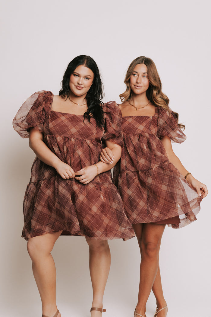 plaid burgundy babydoll dress with puff sleeves models