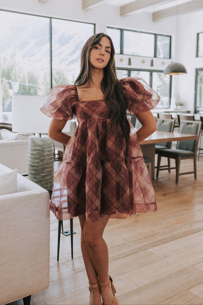 plaid burgundy babydoll dress with puff sleeves lifestyle
