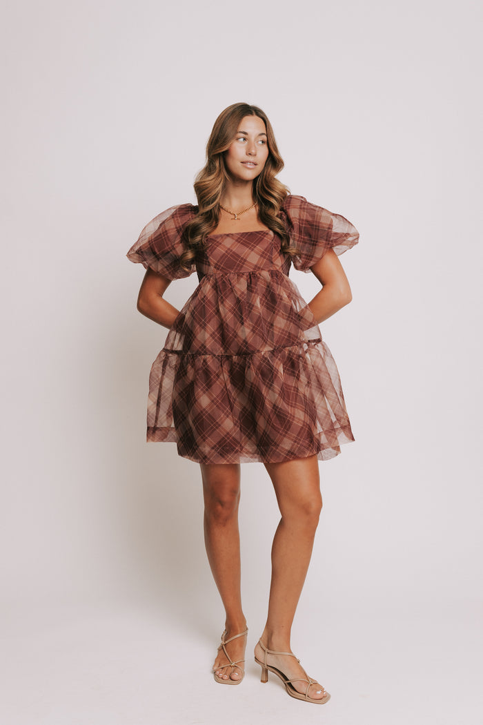 plaid burgundy babydoll dress with puff sleeves