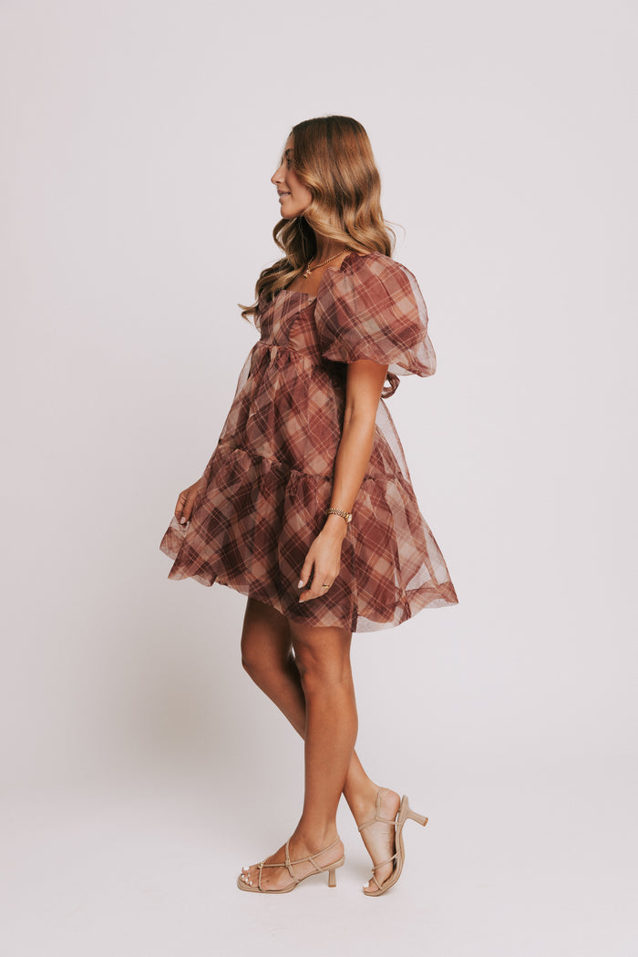 plaid burgundy babydoll dress with puff sleeves side